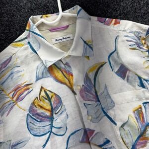 Tommy Bahama Mens Large 100% Linen Tropical Leaf Print Short Sleeve Button Shirt
